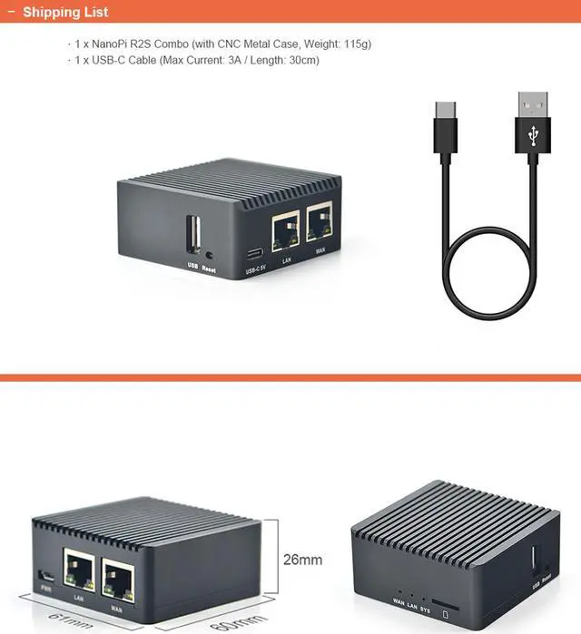 Alt view image 2 of 5 - NanoPi R2S Open Source Mini Router with Dual-Gbps Ethernet Ports 1GB DDR4 Based in RK3328 Soc for IOT NAS Smart Home Gateway, Bundle with CNC Metal Case
