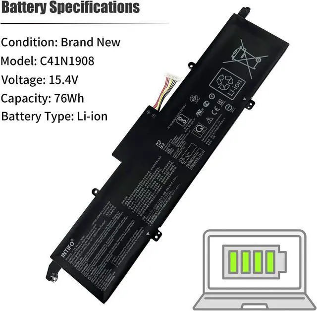 Alt view image 3 of 5 - INTIFO 76Wh C41N1908 Laptop Battery Compatible with Asus ROG Zephyrus G14 GA401 GA401I GA401IH GA401II GA401IU GA401IV GA401IV-BR9N6 GA401Q GA401QH GA401QM Notebook [15.4V 4940mAh 4-Cell]