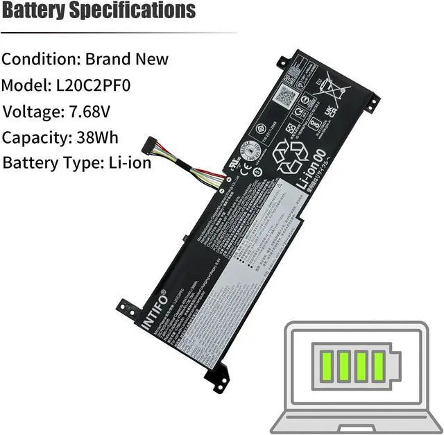 Alt view image 3 of 5 - INTIFO 38Wh L20C2PF0 Laptop Battery Compatible with Lenovo IdeaPad 3-14ITL6 3-15ITL6 3-17ITL6 3-14ADA6 3-17IRU7 K14 V14 V15 G2-ITL G2-ALC G4-IRU L20B2PF0 L20L2PF0 L20M2PF0 L20M2PF8 [7.68V 2-Cell]