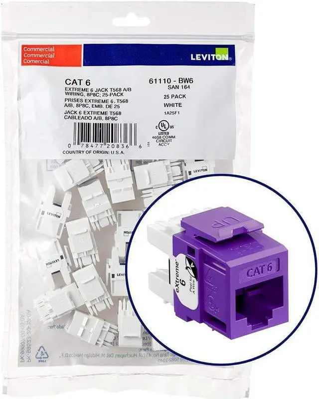 Alt view image 2 of 2 - Leviton Extreme 6+ QuickPort Connector, CAT 6, 25-Pack, 61110-BP6, Purple