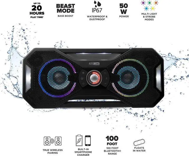 Alt view image 2 of 5 - Altec Lansing Mix 2.0 - Waterproof Bluetooth Speaker with Strong Bass, Portable Speaker for Travel & Outdoor Use, 100 Foot Range & 20 Hour Playtime, Black