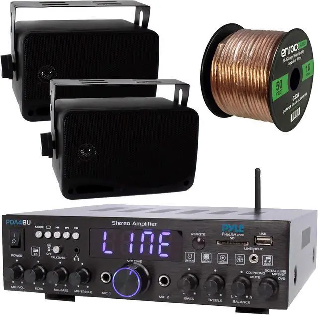 Main image of Pyle Wireless Bluetooth Stereo Amplifier-Multi-Channel 200W Amplifier Home Audio Receiver System Bundle Combo with 2x 3.5'' 3-Way Weather Proof Mini Black Box Speakers, 16 Gauge 50 Feet Speaker Wire