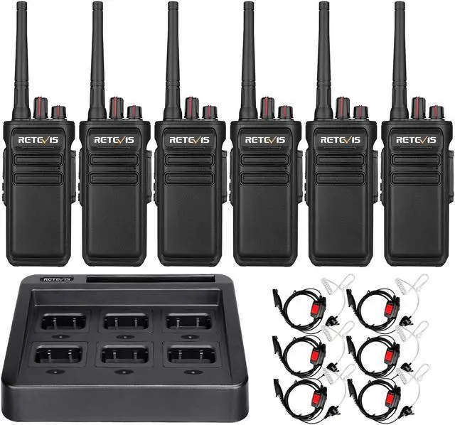 Main image of Retevis RB23 IP67 Waterproof Walkie Talkie, Long Range Two-Way Radio with Earphone and Microphone Set, 1800mAh, Rugged, with 6-Way Multi-Bank Charger for Commercial Warehouse Construction (6 Pack)
