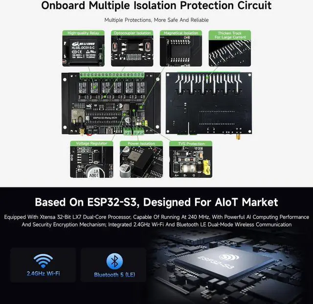 Alt view image 5 of 5 - Waveshare Industrial 6-Channel ESP32-S3 WiFi Relay Module, Supports WiFi/Bluetooth/RS485 Control, Onboard RS485 / Pico HAT Interfaces, with Multiple Isolation Protection Circuits