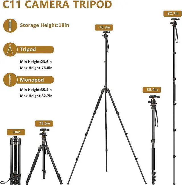 Alt view image 3 of 5 - Tripod for Camera, Professional DSLR Camera Tripod, Expandable to 210 cm Monopod, with 360° Swivel Head, Carry Bag, Tripod Can Carry 8 kg (Gold)