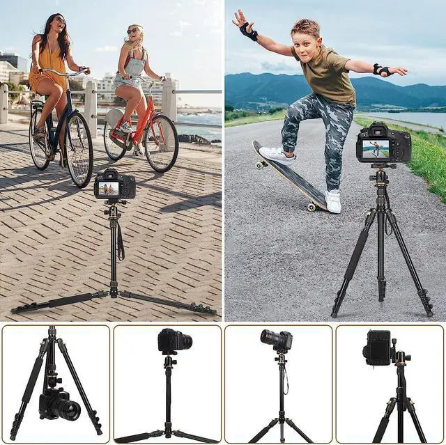Alt view image 5 of 5 - Tripod for Camera, Professional DSLR Camera Tripod, Expandable to 210 cm Monopod, with 360° Swivel Head, Carry Bag, Tripod Can Carry 8 kg (Gold)