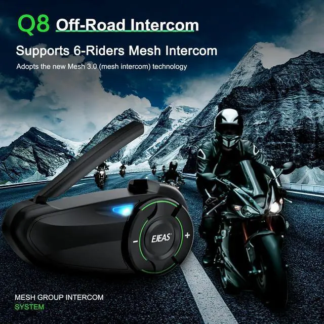 Alt view image 2 of 5 - EJEAS Q8 Motorcycle Helmet Bluetooth Intercom, New Mesh 3.0 Group Intercom System with Music Sharing and Channel Switching for 6 Riders Talking at The Same Time (2 Pack)