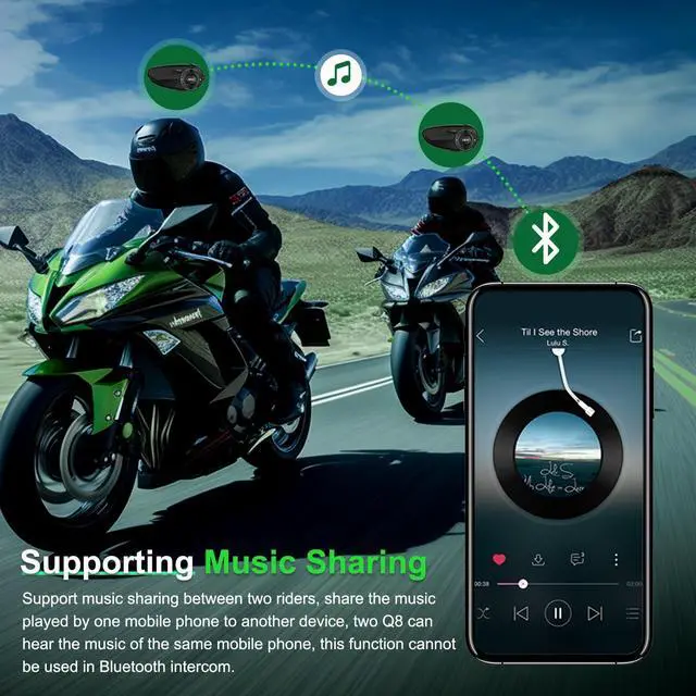 Alt view image 5 of 5 - EJEAS Q8 Motorcycle Helmet Bluetooth Intercom, New Mesh 3.0 Group Intercom System with Music Sharing and Channel Switching for 6 Riders Talking at The Same Time (2 Pack)