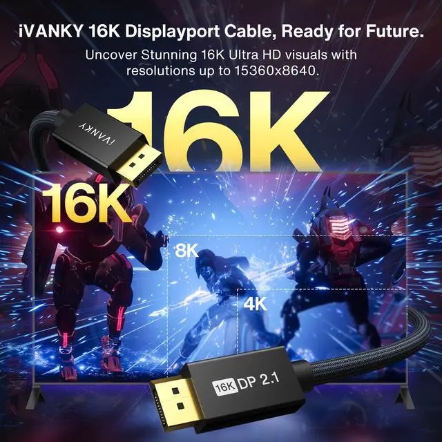 Alt view image 2 of 5 - IVANKY DisplayPort 2.1 Cable, 15ft, 16K@60Hz, 8K@120Hz, 4K@240Hz, HDR, HDCP 2.2, 3D, ARC, Compatible with Gaming Monitor, TV and More