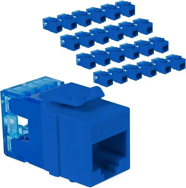 Main image of ICC CAT5e Keystone Jack with Slim Profile 180 Degree Punch Down, RJ45 UL Listed PoE++ TAA VoIP Compliant for Wall Plate or Patch Panel, Works with JackEasy Termination Tool, Blue 25 Pack