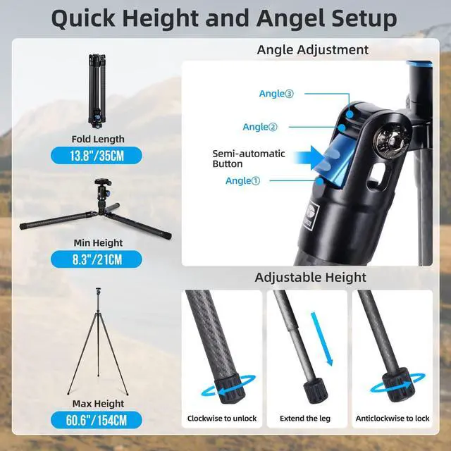 Alt view image 2 of 5 - SIRUI Carbon Fiber Travel Tripod with E-10 360° Ball Head, 59.8 Compact Camera Tripod AT-125, Quick Release Reverse Folding Legs, Reversible Center Column, Max Load 17lbs - Traveler X-II
