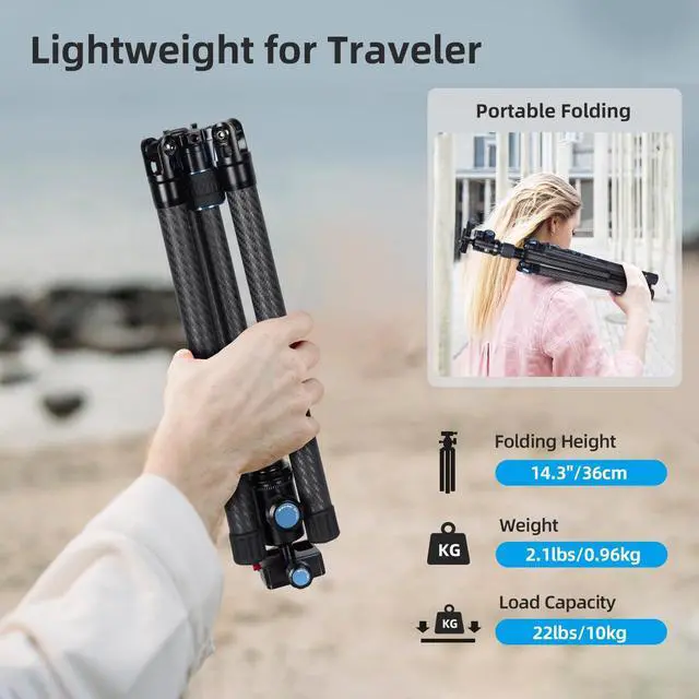Alt view image 3 of 5 - SIRUI Carbon Fiber Travel Tripod with E-10 360° Ball Head, 59.8 Compact Camera Tripod AT-125, Quick Release Reverse Folding Legs, Reversible Center Column, Max Load 17lbs - Traveler X-II