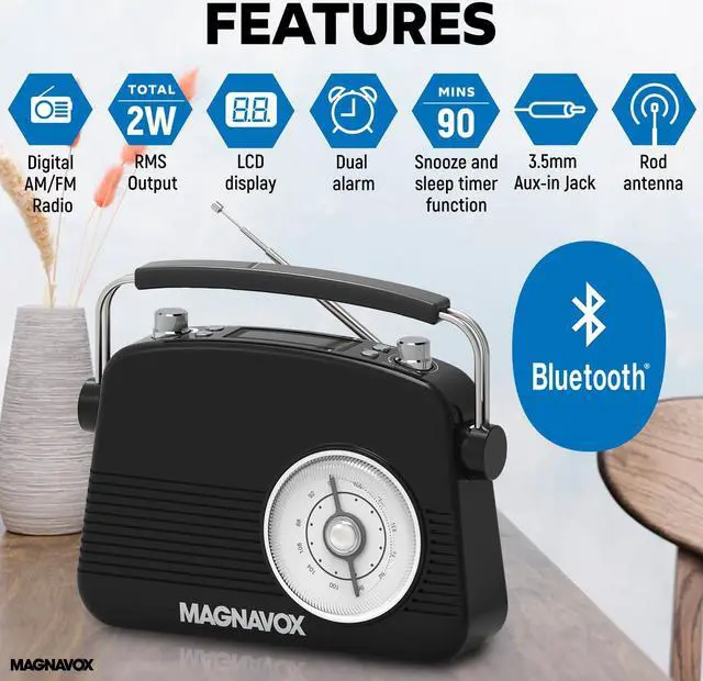 Alt view image 2 of 5 - Magnavox Retro Dual Alarm Clock FM Radio - Bluetooth Wireless Technology, LCD Display, Snooze & Sleep Timer - Ideal for Home, Bedroom & Office (Black)