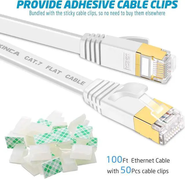 Alt view image 2 of 5 - XINCA Cat 7 Flat Ethernet Cable 100ft White, High Speed 10GB Shielded (STP) LAN Internet Network Cable Ethernet Patch Computer Cable with Rj45 Connectors and 50pcs Adhesive Cable Clips