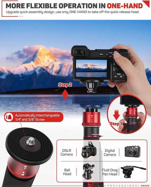 Alt view image 2 of 5 - IFOOTAGE 71" Professional Carbon Fiber Monopod for DSLR Cameras, Portable Travel Monopod with Feet, Max Load 17.64 lbs, Compatible with Sony, Canon, Nikon, Cobra 3 C180F