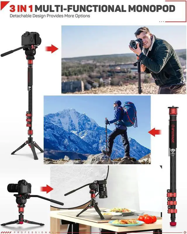 Alt view image 3 of 5 - IFOOTAGE 71" Professional Carbon Fiber Monopod for DSLR Cameras, Portable Travel Monopod with Feet, Max Load 17.64 lbs, Compatible with Sony, Canon, Nikon, Cobra 3 C180F