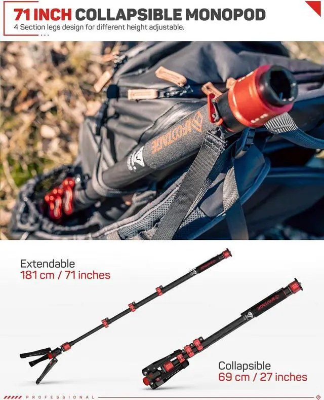Alt view image 4 of 5 - IFOOTAGE 71" Professional Carbon Fiber Monopod for DSLR Cameras, Portable Travel Monopod with Feet, Max Load 17.64 lbs, Compatible with Sony, Canon, Nikon, Cobra 3 C180F