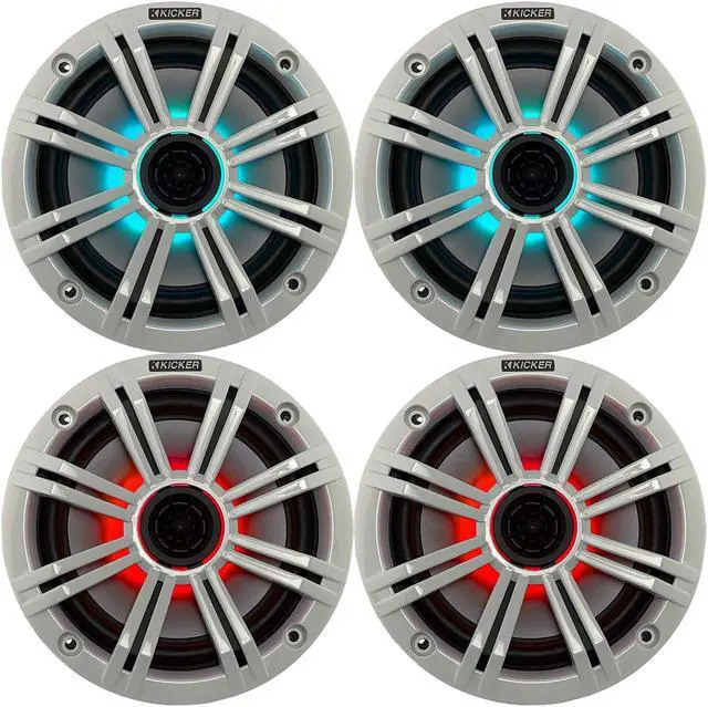 Main image of 2- Pair (4-Speakers) Multi Color LED Lights Kicker 6.5" 195W Marine Audio Coaxial Stereo White Grills