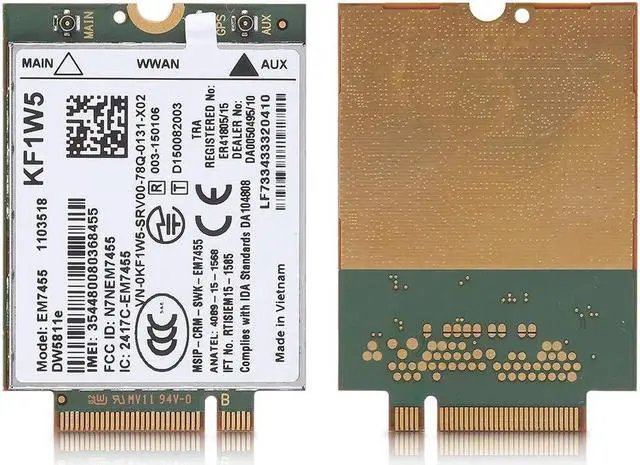 Main image of EM7455 for Dell DW5811e 3P10Y Qualcomm 4G LTE WWAN NGFF Card Module, LTE Support (North America/EMEA) -B1 (2100 MHz), B2 (1900 MHz), B3 (1800 MHz), B4 (1700 MHz AWS), B7 (800