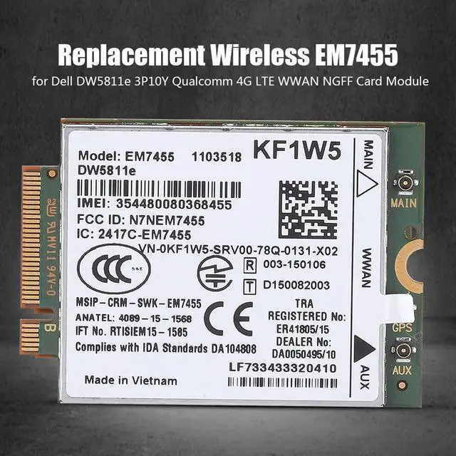 Alt view image 3 of 5 - EM7455 for Dell DW5811e 3P10Y Qualcomm 4G LTE WWAN NGFF Card Module, LTE Support (North America/EMEA) -B1 (2100 MHz), B2 (1900 MHz), B3 (1800 MHz), B4 (1700 MHz AWS), B7 (800