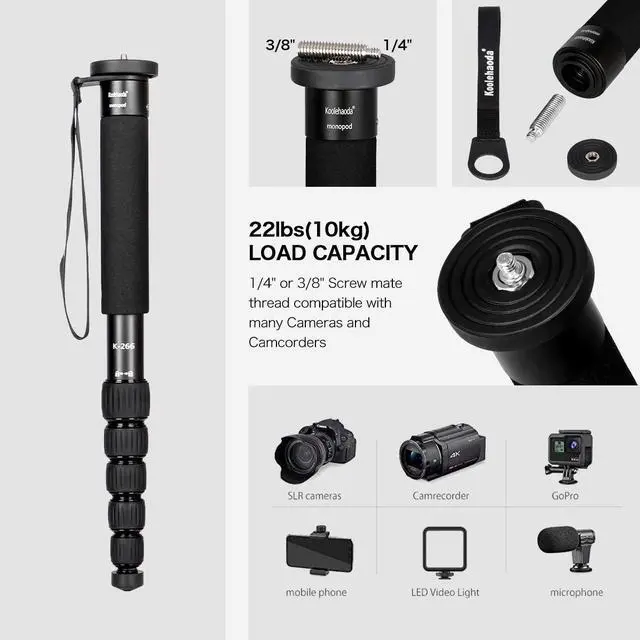 Alt view image 2 of 5 - Koolehaoda Camera Monopod 61" Aluminum Portable Photography Unipod Stick, 6-Section Telescopic, Folding is only 15" Compact Travel Monopod for Cameras Mirrorless & DSLR, Easy to Carry (K-266 Black)