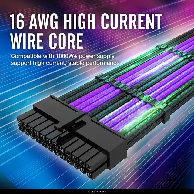 Alt view image 2 of 5 - EZDIY-FAB PSU Cable Extension kit Sleeved Cable Custom Power Supply Sleeved Extension 16 AWG 24-PIN 8-PIN 6-PIN 4+4-PIN with Combs- Black/Purple