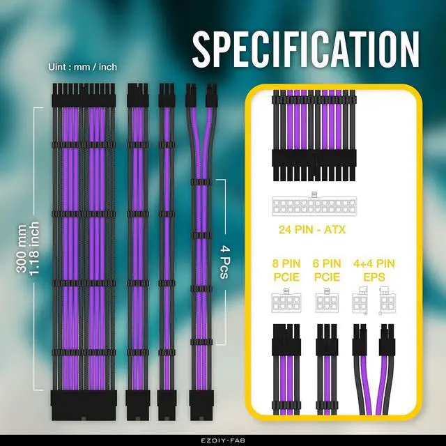 Alt view image 5 of 5 - EZDIY-FAB PSU Cable Extension kit Sleeved Cable Custom Power Supply Sleeved Extension 16 AWG 24-PIN 8-PIN 6-PIN 4+4-PIN with Combs- Black/Purple