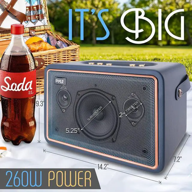 Alt view image 2 of 5 - PyleUsa Vintage Bluetooth Speaker - Rechargeable Leather Portable Wireless Retro Style Audio System with TWS, 260W Heavy Bass Music Player, 5H Long Playtime, AUX,Mic in,Remote Control,Carrying Strap