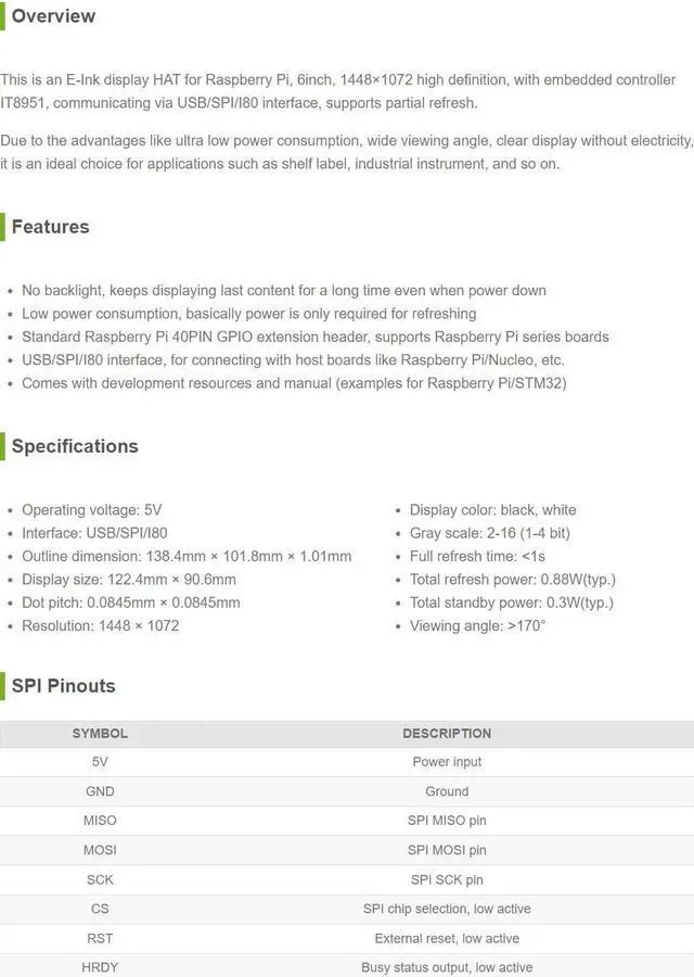 Alt view image 3 of 5 - Waveshare 6inch E-Ink Display HAT Compatible with Raspberry Pi 4B/3B+/3B/2B/B+/A+/Zero/Zero W/WH/Zero 2W Series Boards 1448x1072 High Definition Black/White 16 Gray Scale Supports Partial Refresh