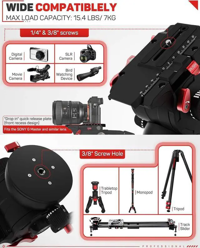 Alt view image 4 of 5 - IFOOTAGE Video Camera Tripod Fluid Drag Pan Head with 1/4" and 3/8" Screws Sliding Quick Release Plate for Canon Nikon Sony DSLR Camcorder Shooting Filming