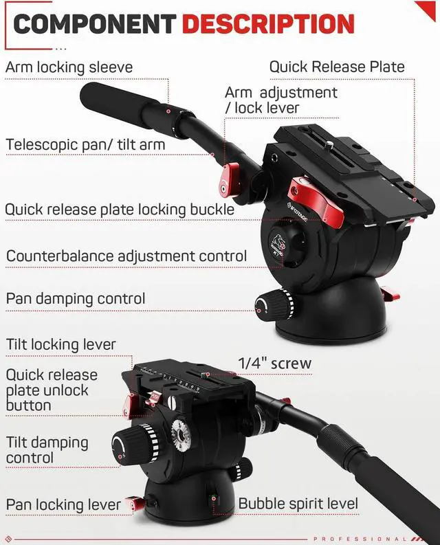 Alt view image 5 of 5 - IFOOTAGE Video Camera Tripod Fluid Drag Pan Head with 1/4" and 3/8" Screws Sliding Quick Release Plate for Canon Nikon Sony DSLR Camcorder Shooting Filming