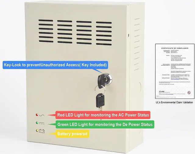 Alt view image 4 of 5 - ENS UL Listed CCTV Distributed Power Supply Box for Security Camera - 4Ports 5A 12V DC Output - PTC Fuse- Regulated and Filtered - Surge Protected - Key Lock - Designed for Surveillance DVR System