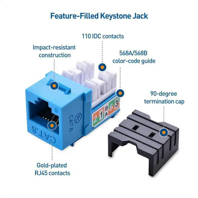 Alt view image 4 of 5 - Cable Matters [UL Listed] 25-Pack 10Gbps Rapid-Install Cat6 Keystone Jacks, Slim Profile Ethernet Keystone Jack, RJ45 Keystone Jack with Punch-Down Stand, Blue (Model 180070)