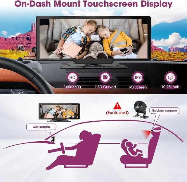 Alt view image 3 of 5 - Wireless CarPlay Screen Dash Mount - Portable Android Auto Car Stereo with 2.5K Dash Cam - 10.26 Inch HD IPS Display Loop Recording Car DVR Bluetooth Mirrorlink GPS Navigation Video Receivers