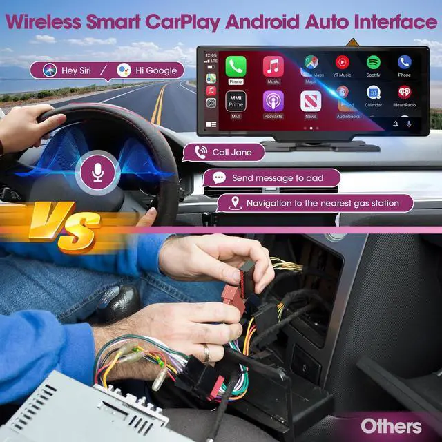 Alt view image 2 of 5 - Wireless CarPlay Screen Dash Mount - Portable Android Auto Car Stereo with 2.5K Dash Cam - 10.26 Inch HD IPS Display Loop Recording Car DVR Bluetooth Mirrorlink GPS Navigation Video Receivers