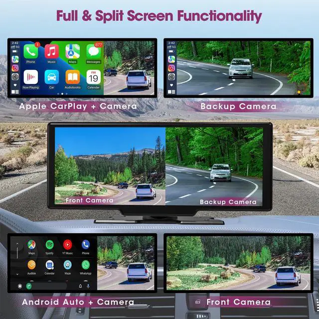 Alt view image 5 of 5 - Wireless CarPlay Screen Dash Mount - Portable Android Auto Car Stereo with 2.5K Dash Cam - 10.26 Inch HD IPS Display Loop Recording Car DVR Bluetooth Mirrorlink GPS Navigation Video Receivers