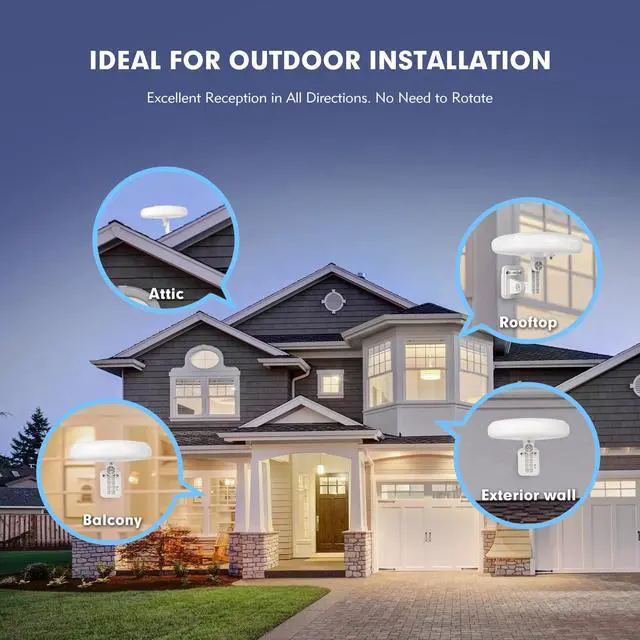Alt view image 5 of 5 - 1byone Outdoor TV Antenna 360° Omni-Directional Reception Long 100+ Miles Range Enhance VHF&UHF 4K Ready HDTV Antenna with Added Stability for Outdoor/Attic/RV Use - 39ft RG6 Coax Cable