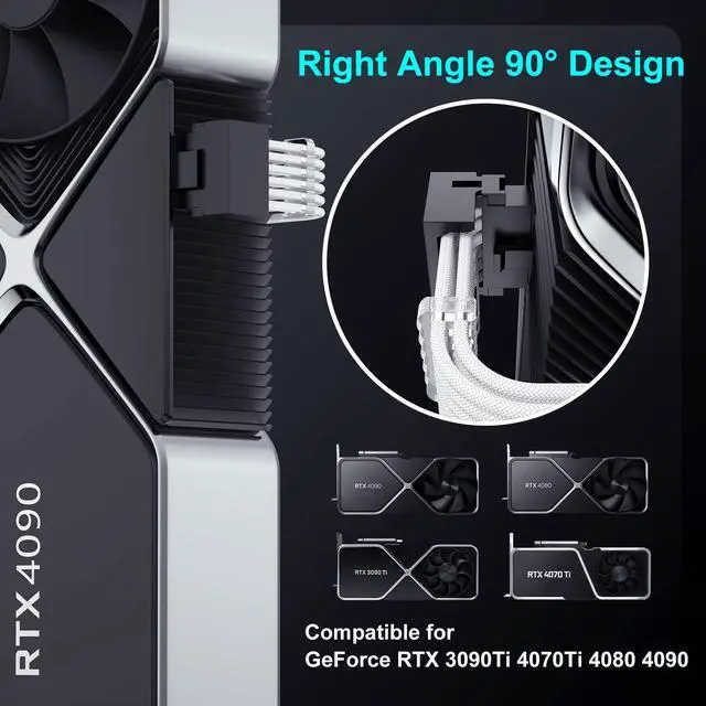 Alt view image 2 of 5 - Bangfun 90 Degree 16Pin RTX 4090 GPU Power Cable, PCIE 5.0 16Pin to 3X8Pin Male to Female Right Angled 12VHPWR GPU Extension Cable Adapter for GeForce RTX 3090Ti 4080 Super 5080 5070 Ti-13inch White