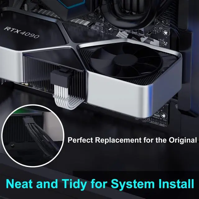 Alt view image 4 of 5 - Bangfun 90 Degree 16Pin RTX 4090 GPU Power Cable, PCIE 5.0 16Pin to 3X8Pin Male to Female Right Angled 12VHPWR GPU Extension Cable Adapter for GeForce RTX 3090Ti 4080 Super 5080 5070 Ti-13inch White