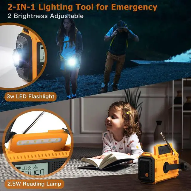 Alt view image 4 of 5 - Auto NOAA Emergency Weather Radio, Solar Hand Crank Radio,Portable Battery Operated Emergency Radio with AM FM Shortwave,USB Charger,LED Flashlight,Clock, SOS Alert for Home Outdoors Camping Survival