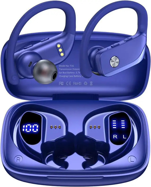 Alt view image 5 of 5 - bmani 2 Sets Wireless Earbuds Bluetooth Headphones 48hrs Play Back Sport Earphones with LED Display Over-Ear Buds with Earhooks Built-in Mic Headset for Workout Black + Blue