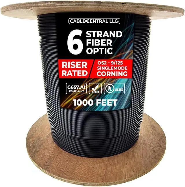 Main image of Cable Central LLC 6 Strand Indoor/Outdoor Fiber Optic Cable, OS2 9/125 Singlemode, Corning, Black, Riser Rated, Spool, 1000 Feet
