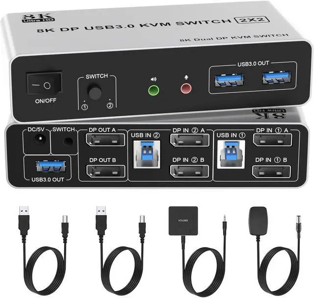 Main image of 8K KVM Switch 2 Monitors 2 Computers DisplayPort, 8K@60Hz DP 1.4 Dual Monitor KVM Switch for 2 Computer Share 2 Monitor, Audio Mic Port and 3 USB3.0 Devices Support Extended and Copy Mode