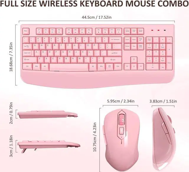 Alt view image 2 of 5 - Wireless Keyboard and Mouse Combo, Full-Sized 2.4GHz Wireless Keyboard with Comfortable Palm Rest and Optical Wireless Mouse for Windows, Mac OS PC/Desktops/Computer/Laptops (Full Pink)