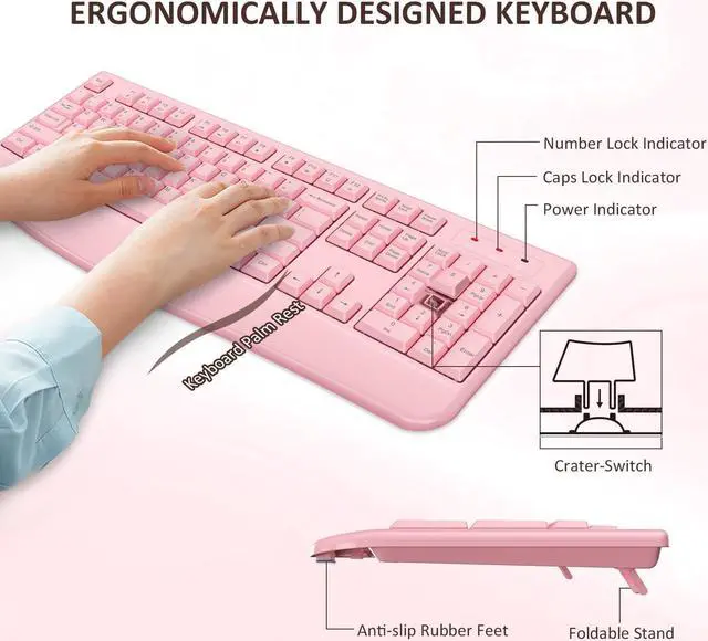 Alt view image 3 of 5 - Wireless Keyboard and Mouse Combo, Full-Sized 2.4GHz Wireless Keyboard with Comfortable Palm Rest and Optical Wireless Mouse for Windows, Mac OS PC/Desktops/Computer/Laptops (Full Pink)