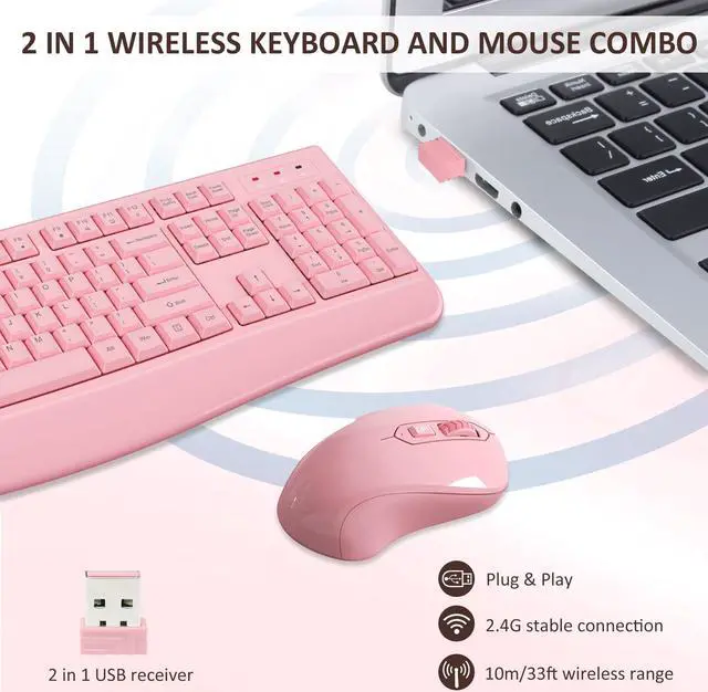 Alt view image 5 of 5 - Wireless Keyboard and Mouse Combo, Full-Sized 2.4GHz Wireless Keyboard with Comfortable Palm Rest and Optical Wireless Mouse for Windows, Mac OS PC/Desktops/Computer/Laptops (Full Pink)