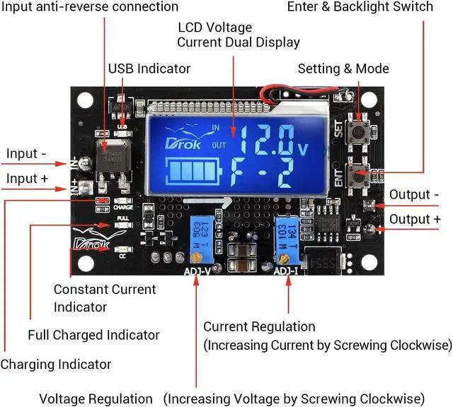 Alt view image 2 of 5 - DROK Adjustable Voltage Regulator, DC Buck Boost Converter 6-30V to 0.5-30V 4A 60W 5V 24V Voltage Converter, 12V Power Supply Step Up Step Down Transformer with USB Port Case LCD Display Volt Amp