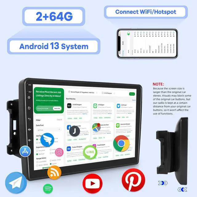 Alt view image 3 of 5 - 2+64G Android 13 Car Radio for Jeep Wrangler/Dodge/Chrysler, 10 inches Touch Screen Stereo, Carplay/Android Auto/GPS Navigation/Bluetooth/SWC+ AHD Backup Camera