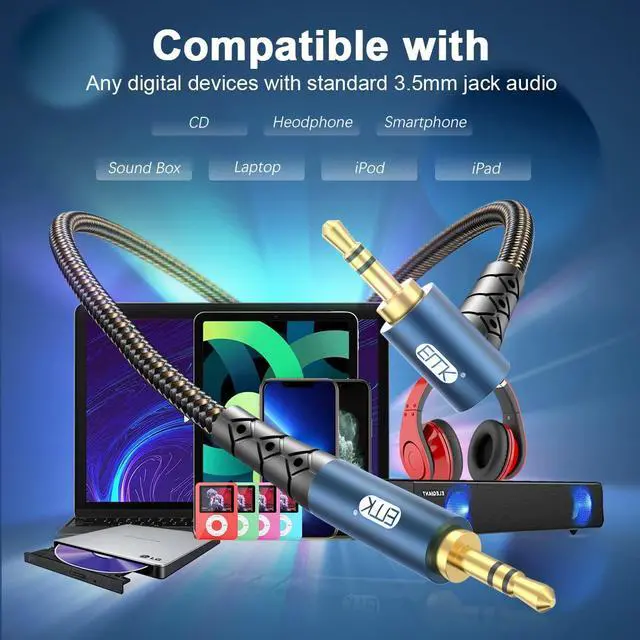Alt view image 3 of 5 - EMK 90 Degree Aux Cable 3.5 mm Auxiliary Cord Male to Male Stereo Aux Cable for Car 24K Gold Plated Hi-Fi Sound Quality Nylon Braided for Laptop Phone Tablet MP3 Player Stereo Speaker (30ft/10m)