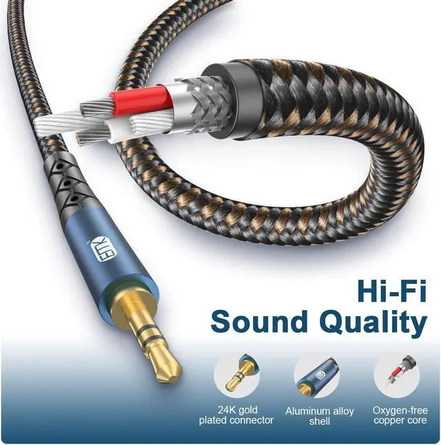 Alt view image 4 of 5 - EMK 90 Degree Aux Cable 3.5 mm Auxiliary Cord Male to Male Stereo Aux Cable for Car 24K Gold Plated Hi-Fi Sound Quality Nylon Braided for Laptop Phone Tablet MP3 Player Stereo Speaker (30ft/10m)
